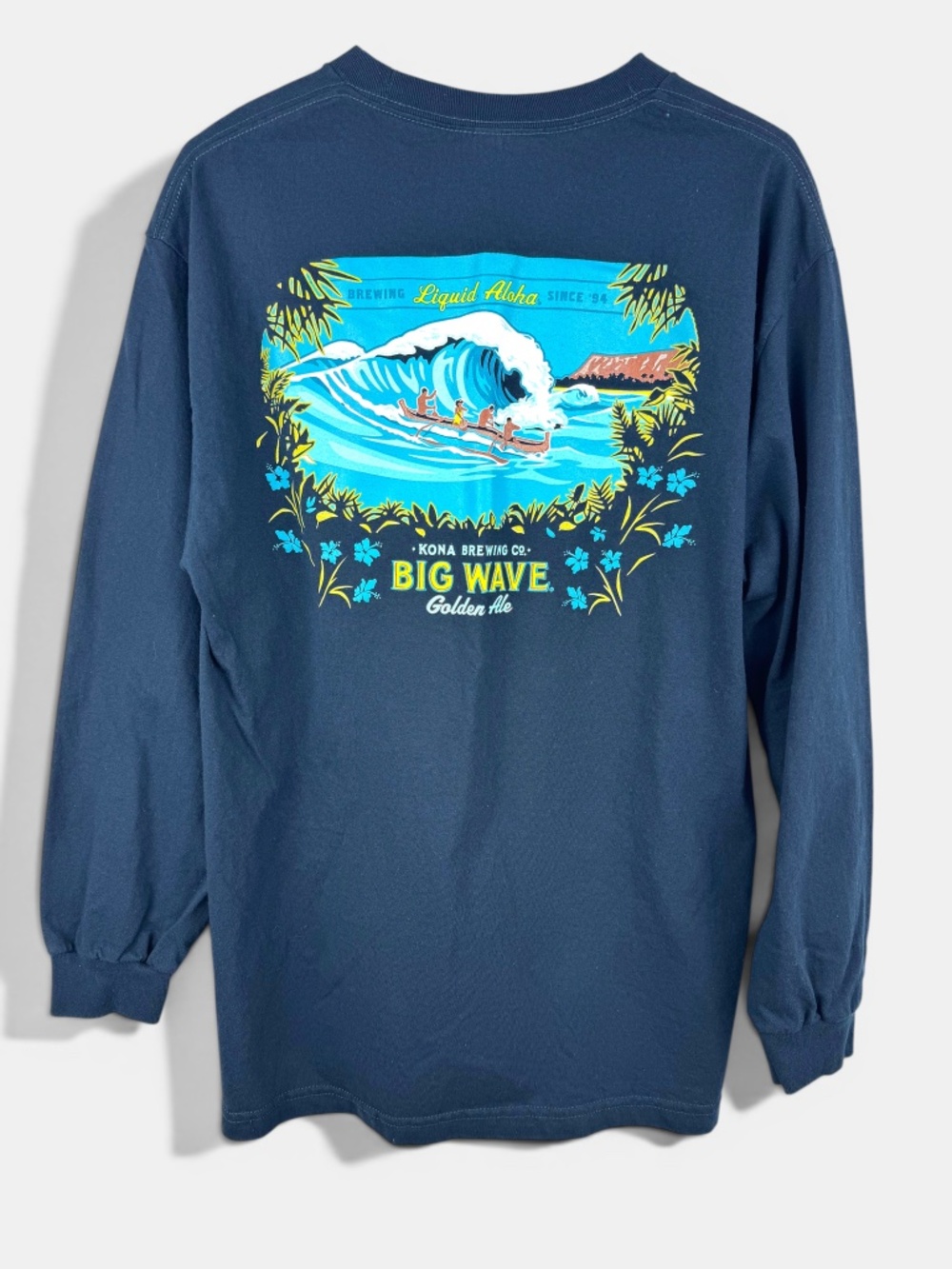 Kona Brewing Co Big Wave Golden Ale Liquid Aloha L/S T-Shirt Navy Size L